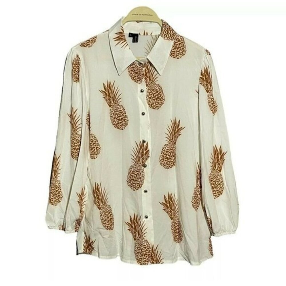 Suvimuga Blouse Shirt Women Size L Button Pineapple Tropical Novelty Cuff Beige
